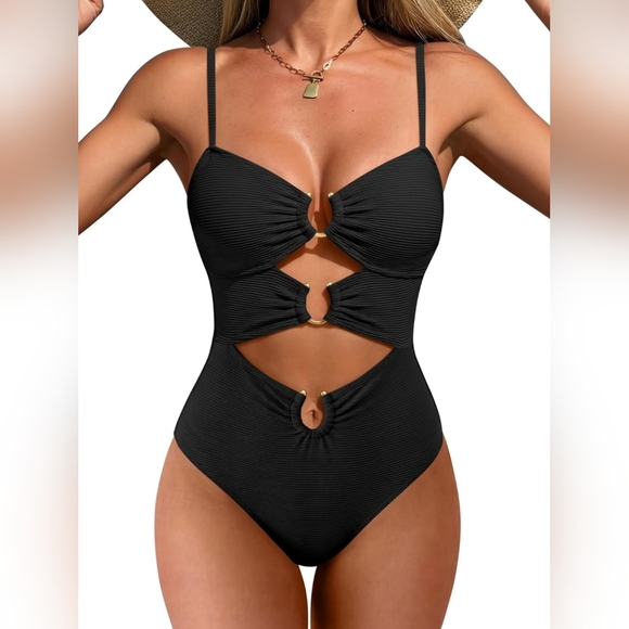Other - Black Cutout One Piece Swimsuit Ring Detail Ruched Monokini Size 12 NWT 2026